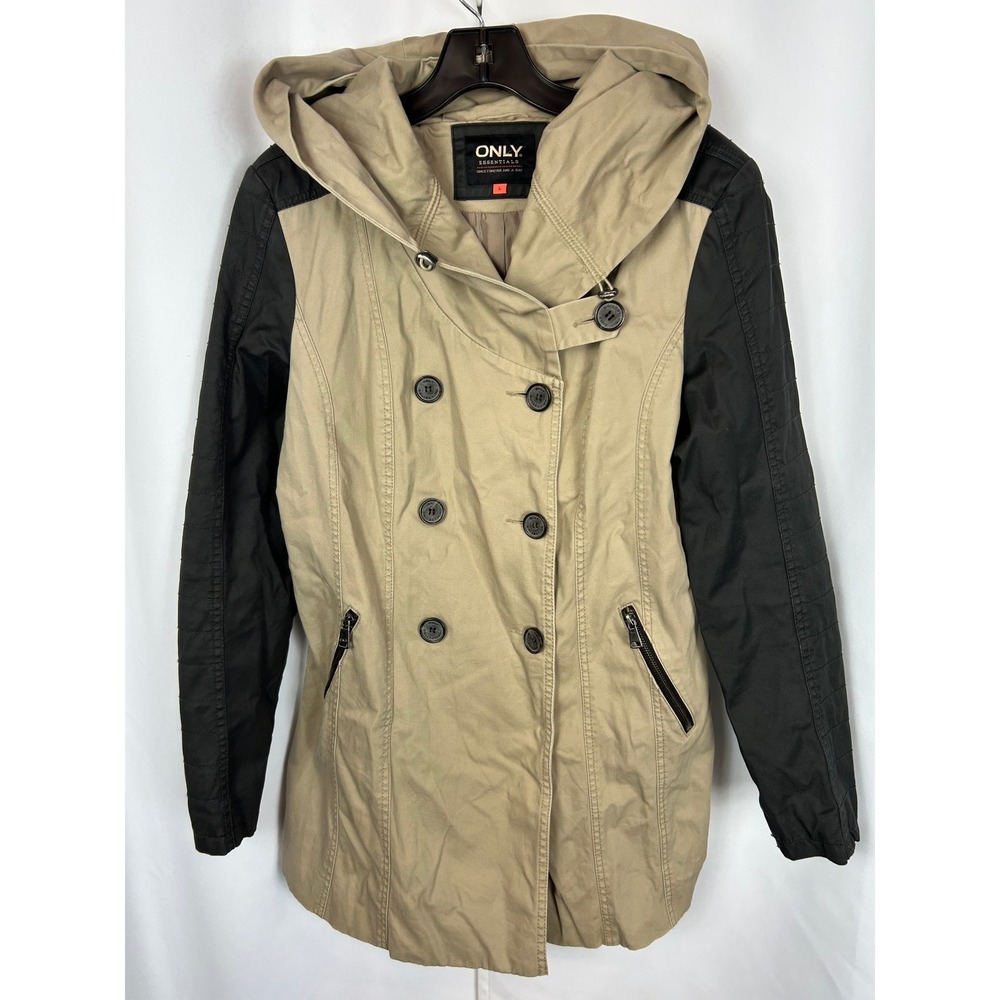 ONLY Nancy Hooded Trench Coat Tan Black Double Breasted Business Casual Jacket L